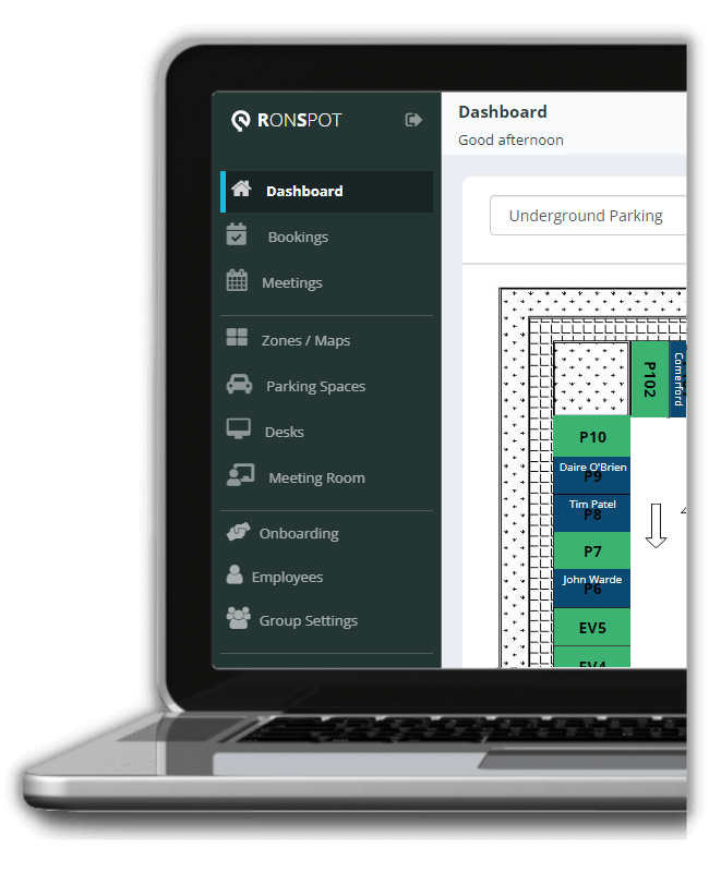 View of admin panel menu and dashboard for parking booking
